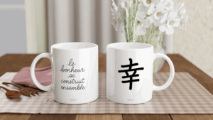 Bonheur" ceramic mug (front/back: French/kanji)